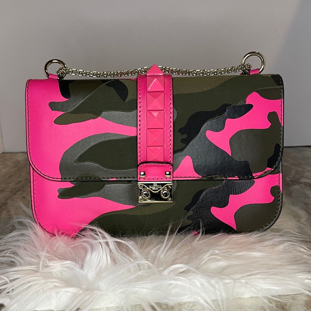 VALENTINO GARAVANI Glam Lock Camo Leather and Canvas Medium Shoulder Bag